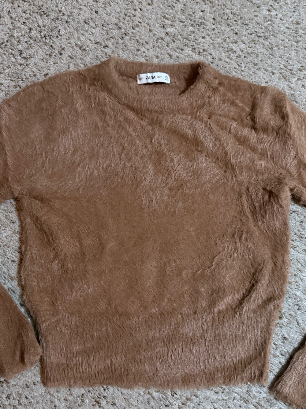 Zara Knit Ultra-Soft Fuzzy Brown Crewneck Sweater - Camel Brown